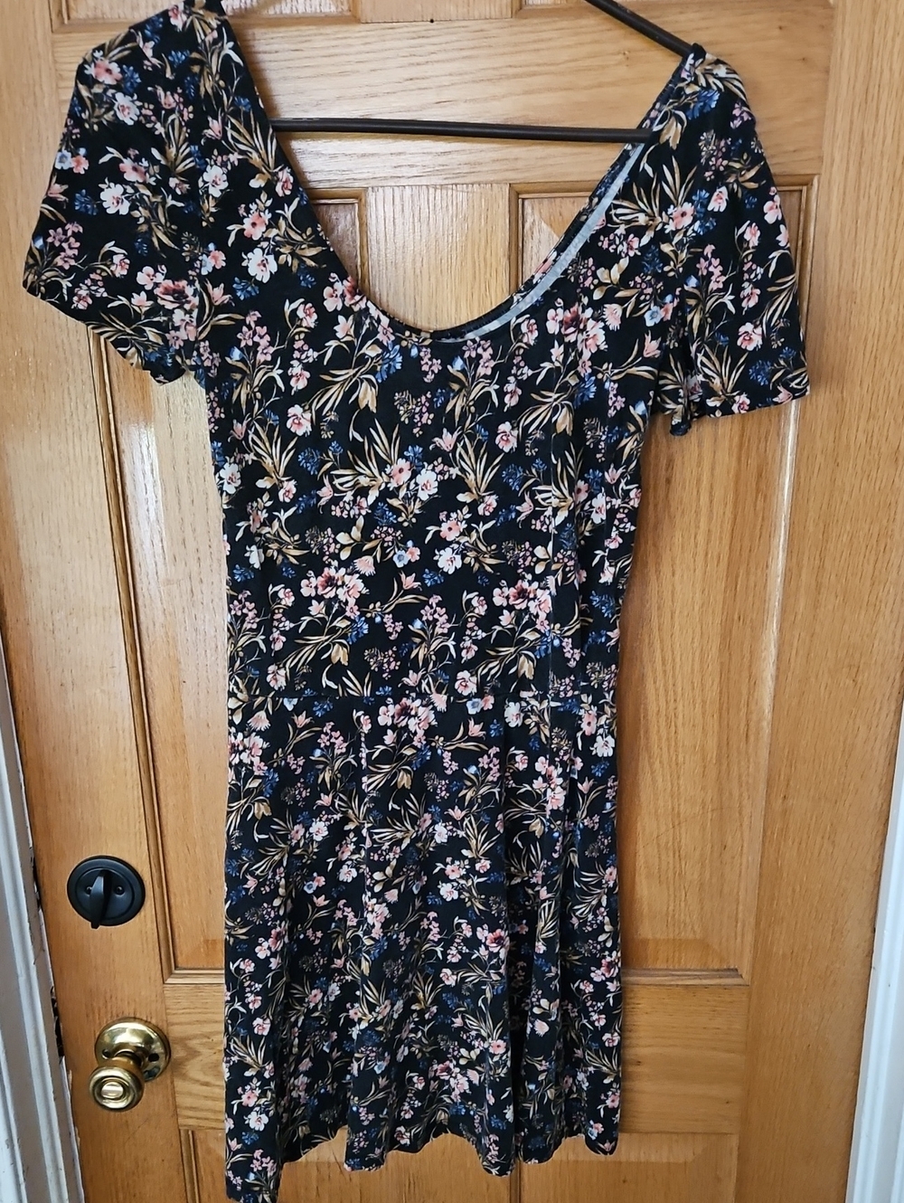 Floral Scoop Neck Black Dress with Pink & Cream Floral Print